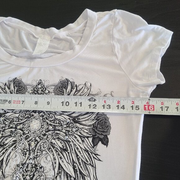 Vintage Made in USA Graphic T-shirt Wings Roses Cross Goth Streetwear Sequined L - Picture 6 of 8